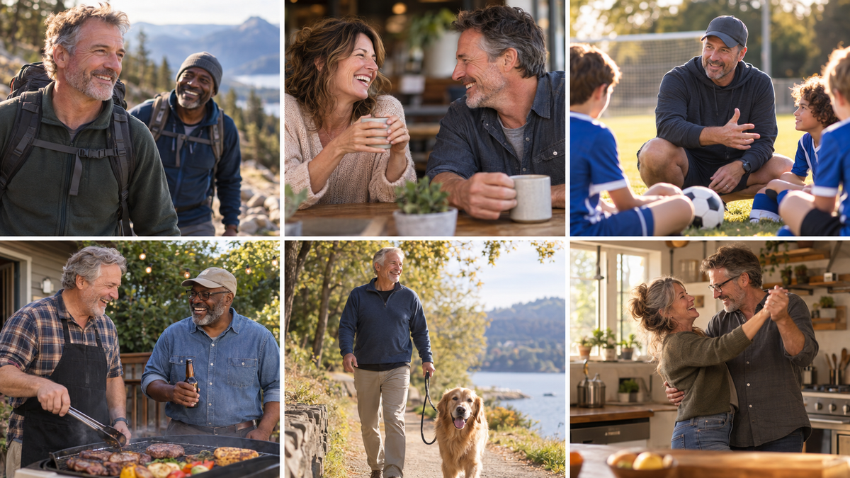 Collage of men and couples enjoying active everyday moments