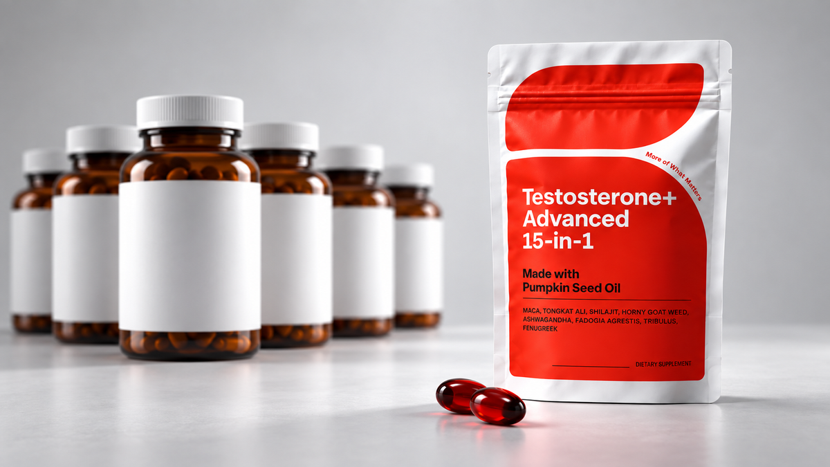 Five generic supplement bottles beside one T+ Advanced pouch