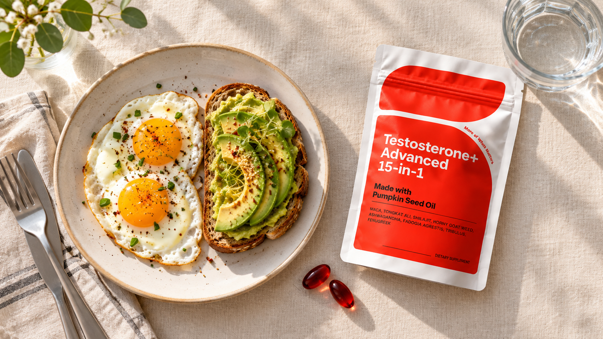 Breakfast plate with T+ Advanced pouch and two softgels