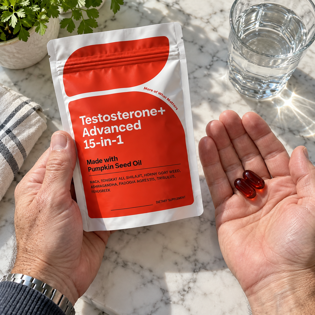 Hand holding T+ Advanced pouch with softgels and water