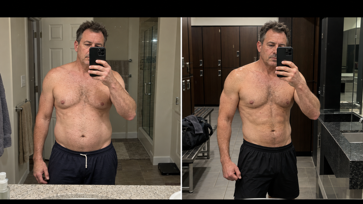 Before and after mirror selfies labeled before T+ Advanced and after 90 days